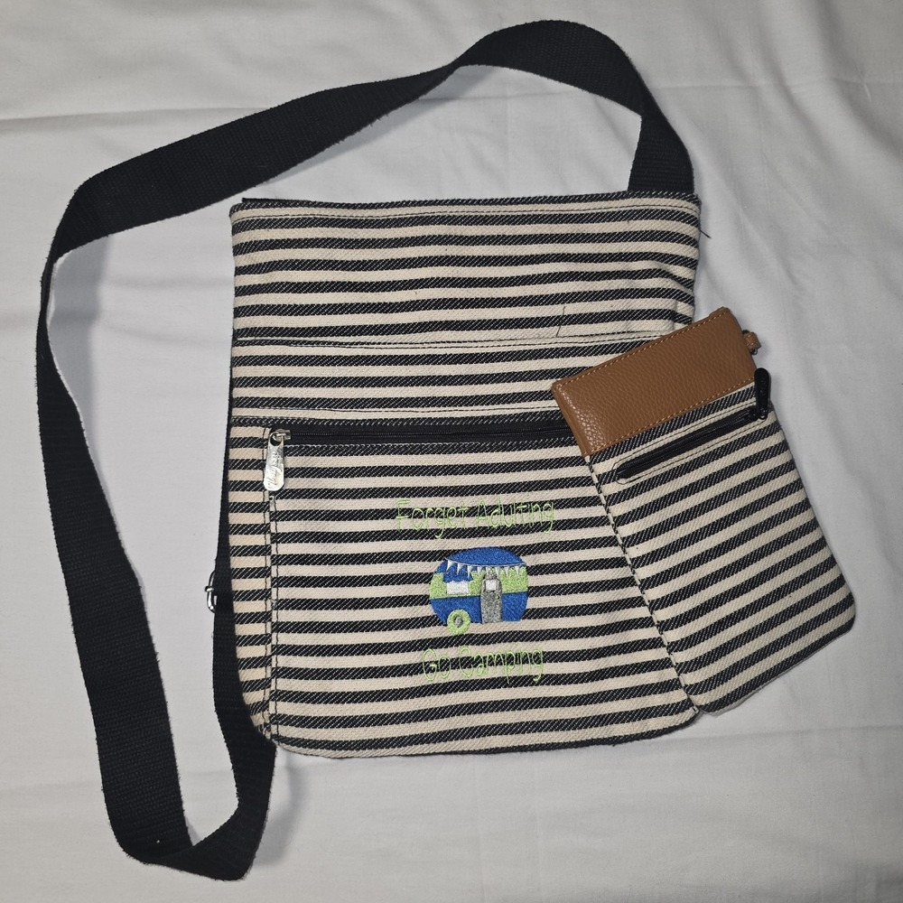 Thirty-One black & cream color crossbody bag purse Forget Adulting Go Camping